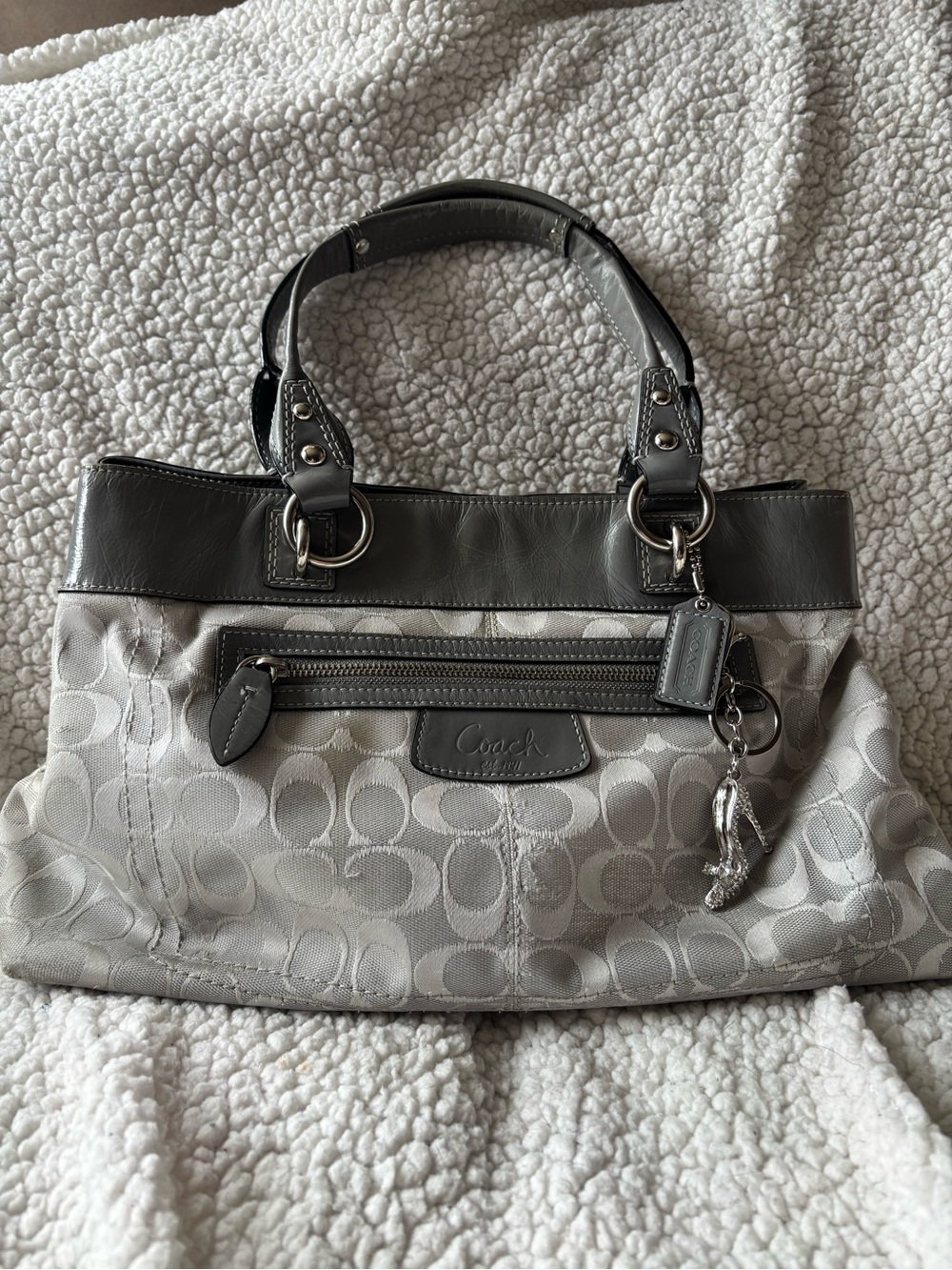 Coach Gray Signature Canvas Shoulder Tote with Dark Gray Leather Trim